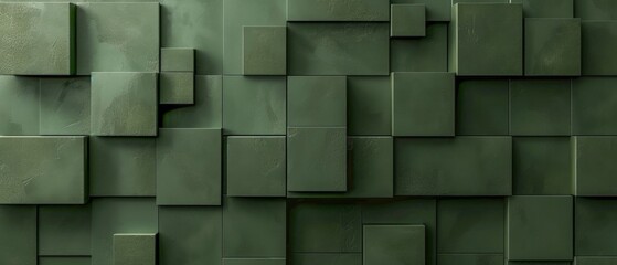Abstract geometric army green 3d texture wall with squares and square cubes background banner illustration, textured wallpaper