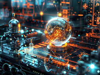 A modern computer with a transparent glass ball resting on its surface, creating an intriguing and futuristic visual