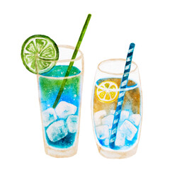 Set watercolor cocktail drink, tropical beverage blue curacao with lime, summer party symbol