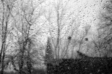 View on winter house and trees through wet windshield with rain drops. Black and white