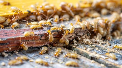 Detailed photography of termites working on wooden kitchen table, showcasing wood damaging activity