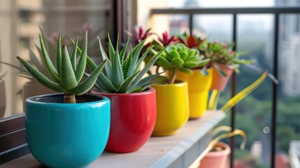 aloe, agave, echeveria in colorful containers on balcony gardening