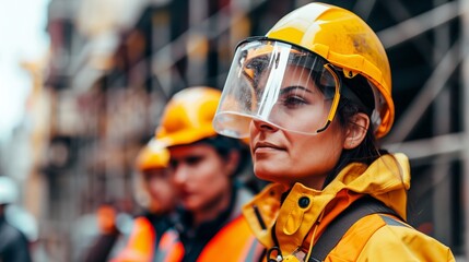 Female workers on construction site wear helmets and protective gear, ensuring safety while actively participating in the building process alongside their male counterparts.