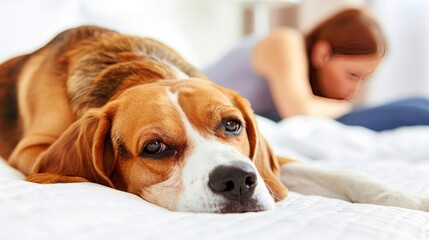 Peaceful Paws: Beagle Resting on White Bed With Distant Woman