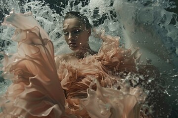 Young woman submerged in water, wearing a flowing pink dress, a captivating and surreal underwater scene.

