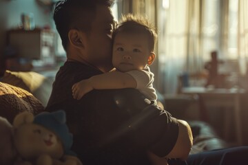 Father holding his baby, gentle sunlight streaming through the window, a tender moment at home.

