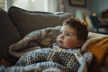 Toddler gazing thoughtfully, wrapped in a knitted blanket, a serene and cozy indoor scene.

