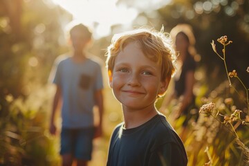 Portrait of a young boy smiling warmly, sunlight filtering through the foliage behind him in a summer field.

