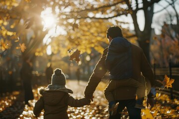 Autumn stroll in the park, a father and child walking hand in hand, golden leaves scattering light around.

