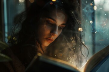 A young woman lost in her book on a rainy evening, warm light illuminating her face and raindrops on the window.

