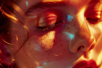 Vivid close-up of a woman's face bathed in colorful lights, capturing a dreamy, surreal atmosphere with artistic flair.

