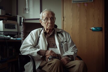 Elderly doctor in a thoughtful pose in his office, reflecting decades of experience and dedication to the medical field.

