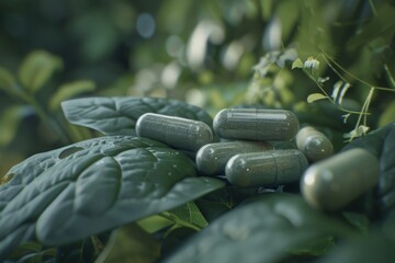 Herbal supplements nestled in lush greenery, highlighting natural health and wellness with a focus on alternative medicine.

