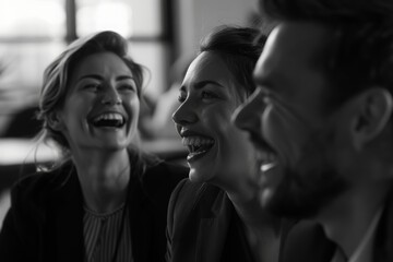 Laughing group of friends enjoying a relaxed conversation in a cozy, black and white setting, capturing genuine joy and camaraderie.


