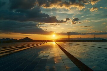 Dramatic sunset over solar panels, showcasing the interplay of technology and nature, with vibrant skies and cloud patterns.
