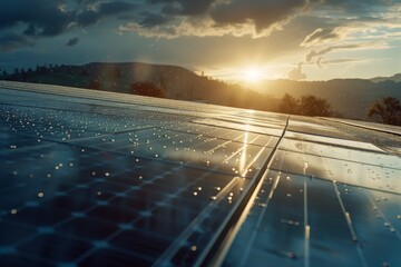 Solar panels glisten under a breathtaking sunset, symbolizing renewable energy and sustainable technology in a beautiful rural setting.
