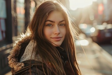 Young woman enjoys a sunny winter day in the city, her face bathed in golden sunlight, looking serene.
