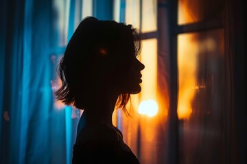 Silhouette of a contemplative woman by the window, bathed in the warm glow of a sunset, creating a serene atmosphere.
