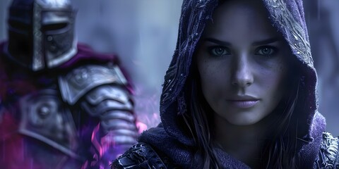 Encounter Between a Mysterious Dark Elf Woman and an Armored Warrior. Concept Fantasy, Dark Elf, Warrior, Encounter, Mysterious