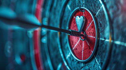  Dart board with dart in middle, heart shape at middle, fall in love. A dartboard with a dart in the center, which is shaped like a heart, symbolizing love..