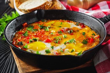 pan of delicious traditional israeli shakshuka on black wooden rustic background