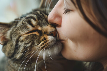 A young lady woman kissing a cat in the cheek showing love