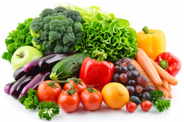 Healthy vegetables and fruits on white background