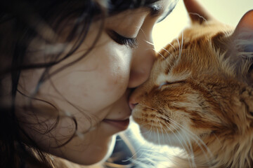 A young lady touching the nose with a ginger cat