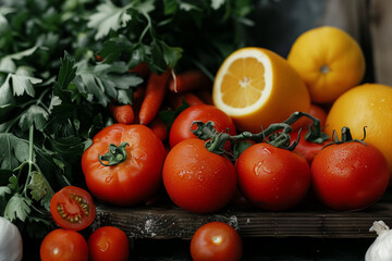A bunch of vegetables, herbs and lemon