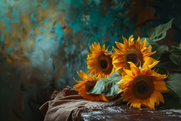Cut sunflower on table, artistic, grunge wall background