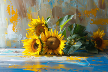 Cut sunflower on table, artistic, on painted background wall