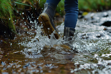A person walking through the puddle of water wearing wellingtons