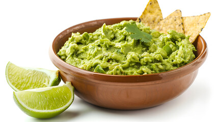 Obraz premium Bowl of delicious guacamole with lime isolated on white