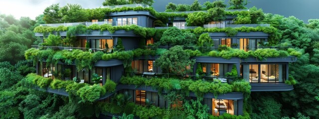 Eco-Friendly Development: Buildings with green roofs and renewable energy sources.