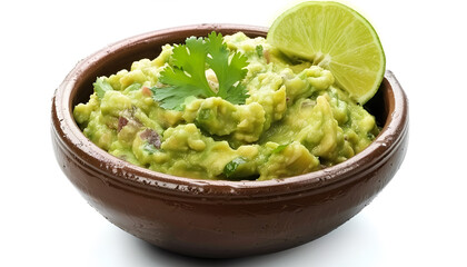 Obraz premium Bowl of delicious guacamole with lime isolated on white