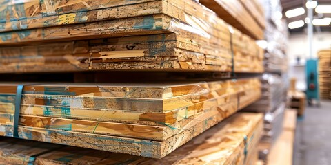 Construction Supplies for Sale: OSB Sheets Stacked in Hardware Store Warehouse Display. Concept Construction Supplies, OSB Sheets, Hardware Store, Warehouse Display, Supplies for Sale