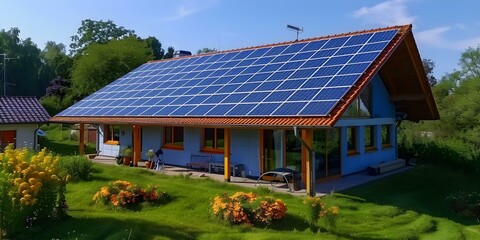 House with solar panels symbolizes ecoconsciousness and renewable energy for content. Concept Renewable Energy, Eco-Friendly Living, Solar Power, Sustainable Homes, Green Technology