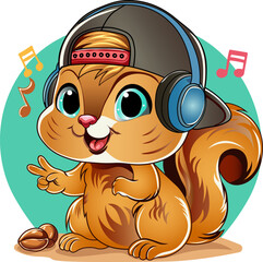 Cartoon cute squirrel in a cap and headphones.Vector illustration.