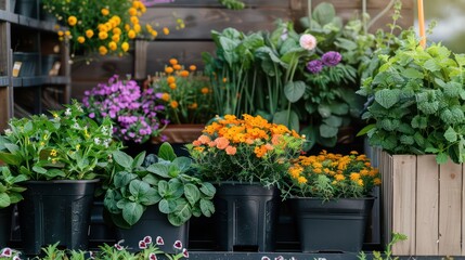 garden flowers, herbs and vegetables containers 