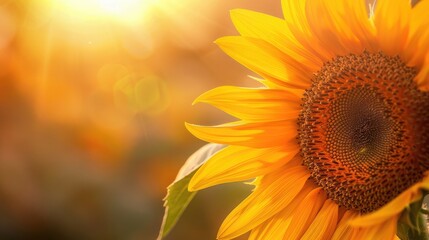 Sunflower, vibrant yellow and orange hues, in full bloom with delicate petals, closeup shot against blurred field background, golden hour sunlight creating soft shadows, macro photography , 
