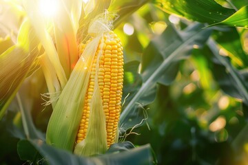 The ear of corn is in the green leaves on farm background, closeup, real photo, yellow and orange color scheme, natural light, soft focus effect, macro lens, rich details, fresh atmosphere,  