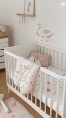 a swan-themed newborn bed set against the backdrop of a pristine white room, evoking a sense of serenity and elegance.
