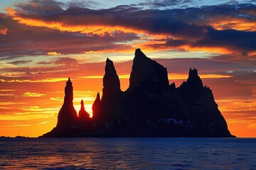 The silhouette of the mountain with sunset in Vik with a movie background. The silhouette of rock that is imaginary shaped like twin pinnacles rising from the sea, Norway.