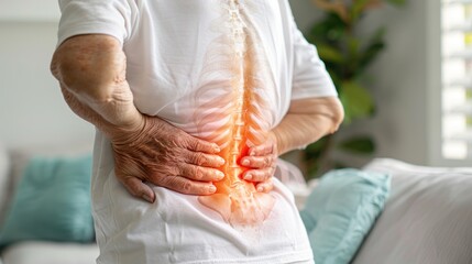 Senior Male with Back Pain at home, close-up of joint and Back Pain Experiencing Discomfort as a Result of Spine Trauma or Arthritis. Man Massaging and Stretching the Back to Ease the Injury.