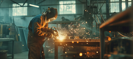 Proffessional welder at work performing welding and grinding at their workplace in the workshop. 