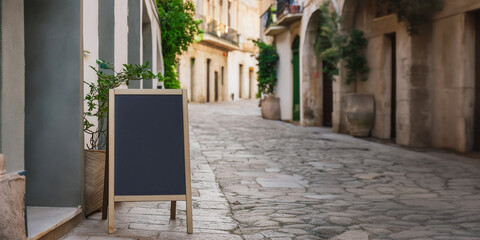 Blank chalk board outside restaurant in typical Mediterranean street with rustic stone buildings and cobblestones. Advertising mockup. - Powered by Adobe