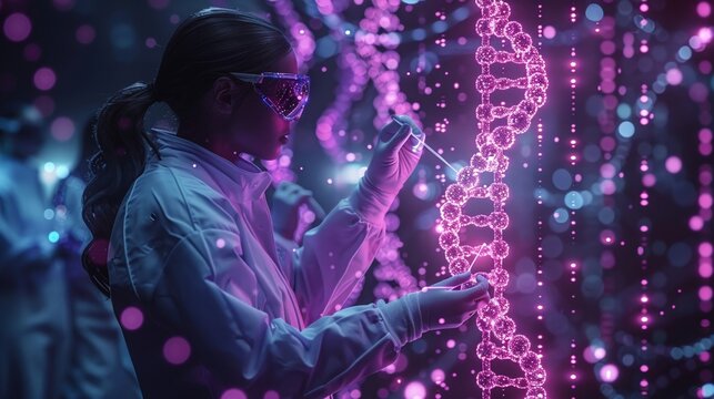 Cybernetic geneticists modifying DNA in a lab front view genetics and tech cybernetic tone Monochromatic Color Scheme