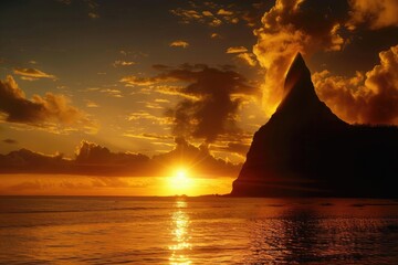 The silhouette of the needle mountain in a catalogical view from a Hawaii beach at sunset. A beautiful sky, with the sun setting behind a sharp, pointy peak.  