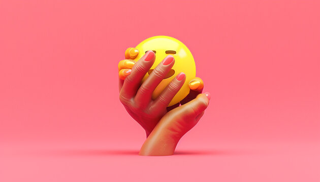 A Minimalist 3D  Of A Single Yellow Nail Polish Emoji With Hands, On A Solid Hot Pink Background.