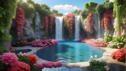 A cool waterfall that cascades into a clear pool below, encircled by bright flowers and lots of vegetation. idea of the dynamism and abundance of nature.